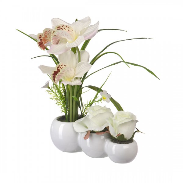 Орхидея и Роза в керамическом кашпо, Д280 Ш90 В280, белый